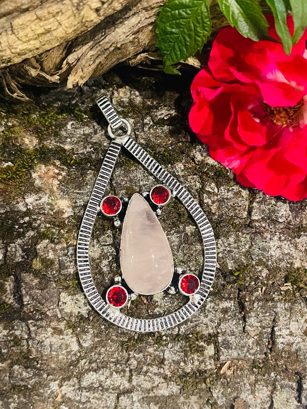 Rose Quartz Garnet 925 Sterling Silver Pendant